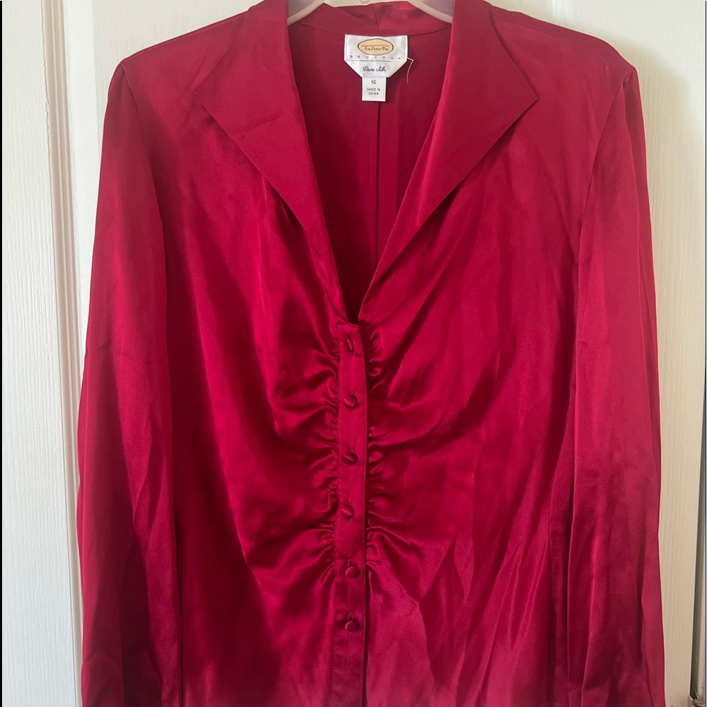 Ruby Red Silk Button Down Blouse, Nwot, Talbot's - image 1
